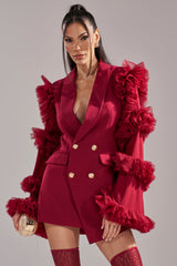 LIVING OVER THE TOP RUFFLE SLEEVE BLAZER MINI DRESS IN BURGUNDY