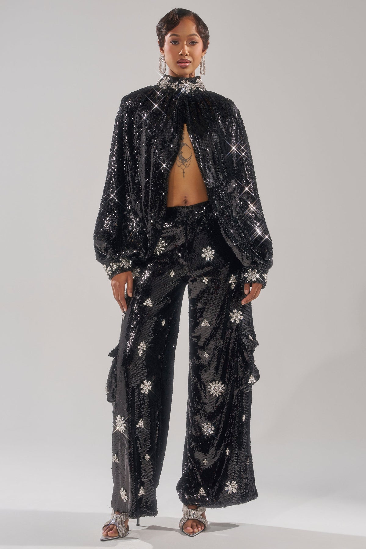 DAZZLING HOLIDAY SEQUIN WIDE LEG CARGO PANT