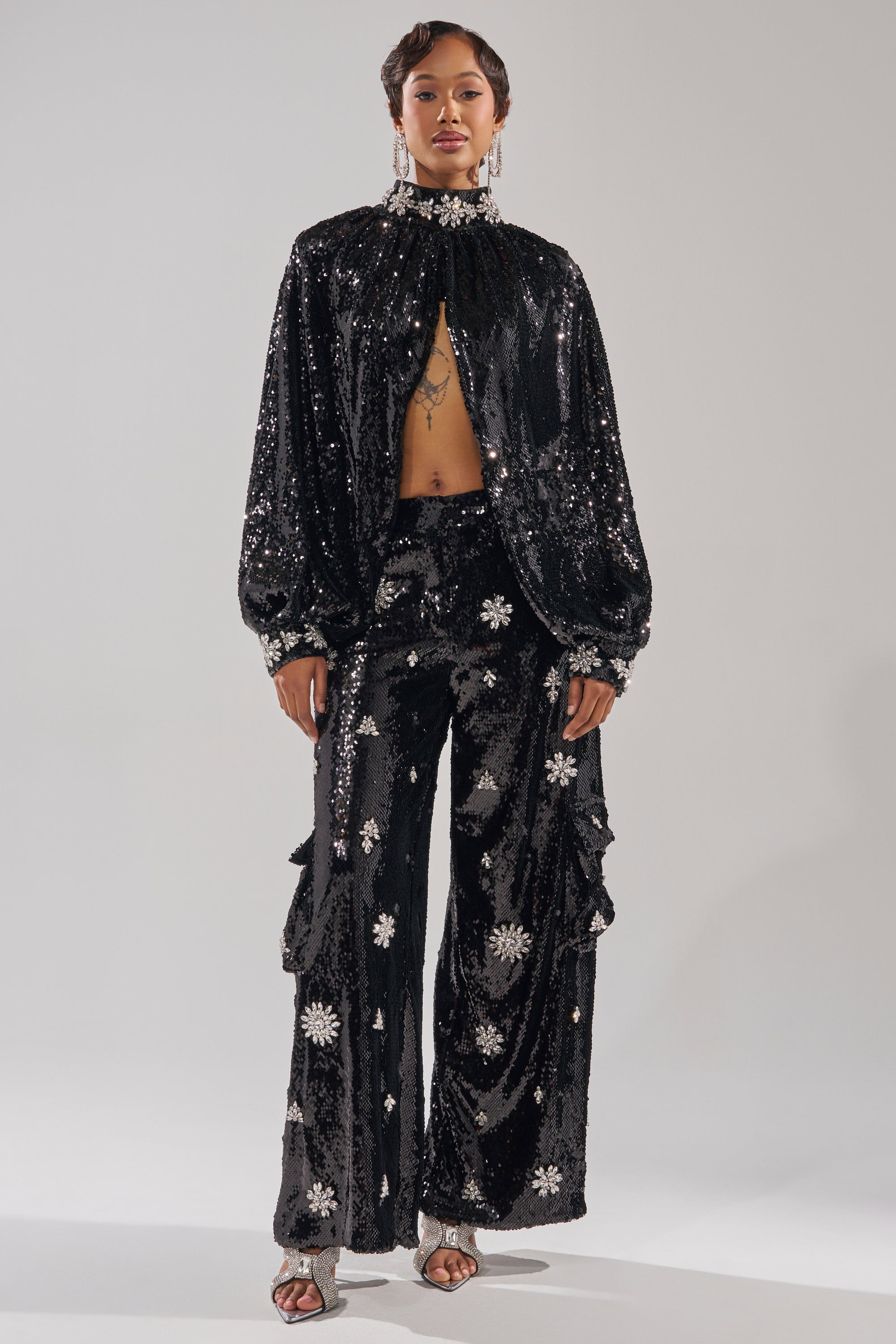 DAZZLING HOLIDAY SEQUIN WIDE LEG CARGO PANT