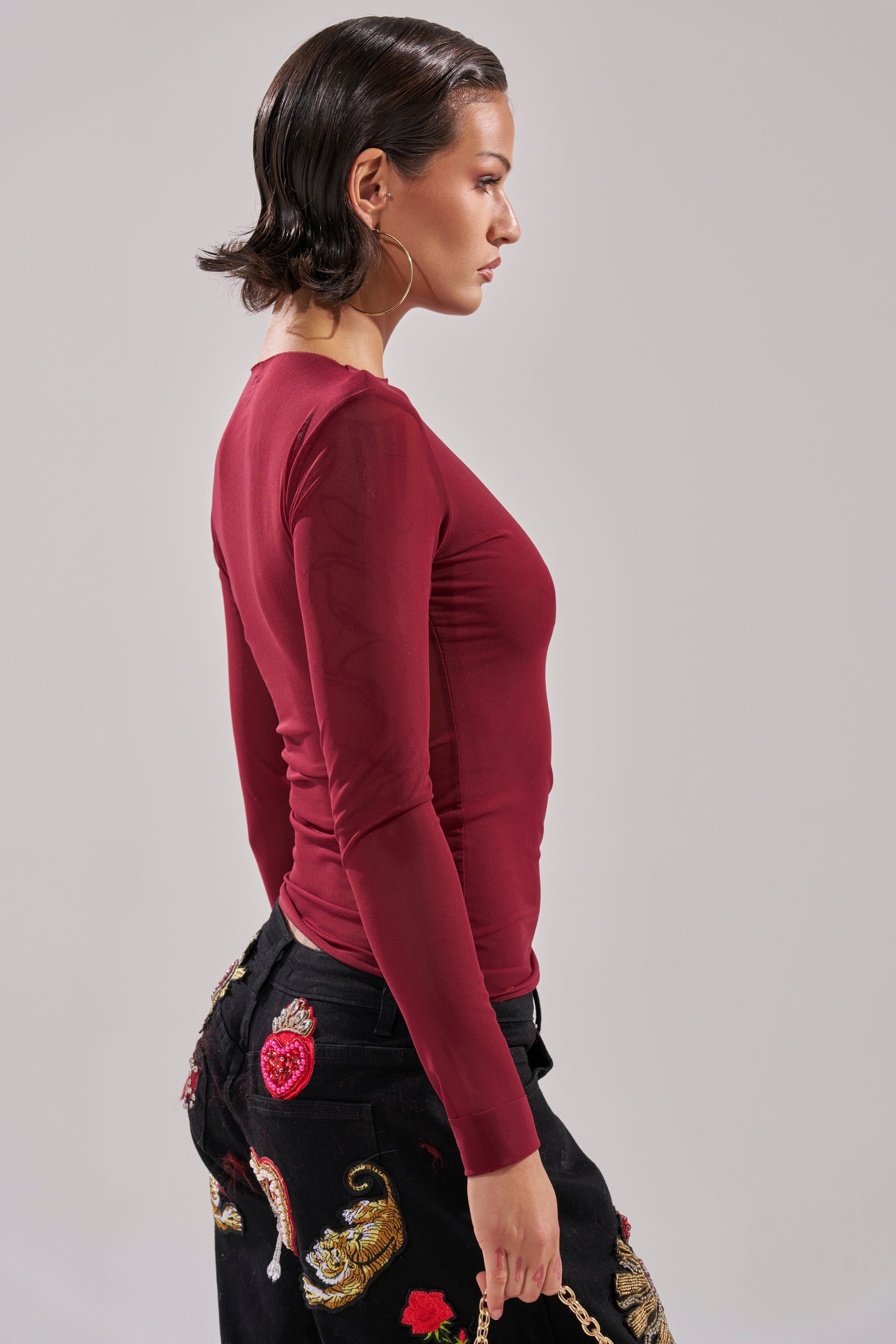 PAXTON DOUBLE LINED MESH LONG SLEEVE TOP IN PLUM