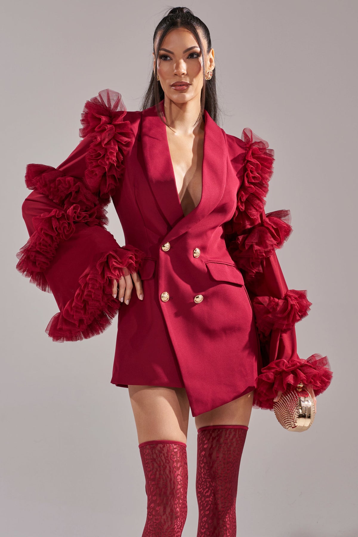 LIVING OVER THE TOP RUFFLE SLEEVE BLAZER MINI DRESS IN BURGUNDY