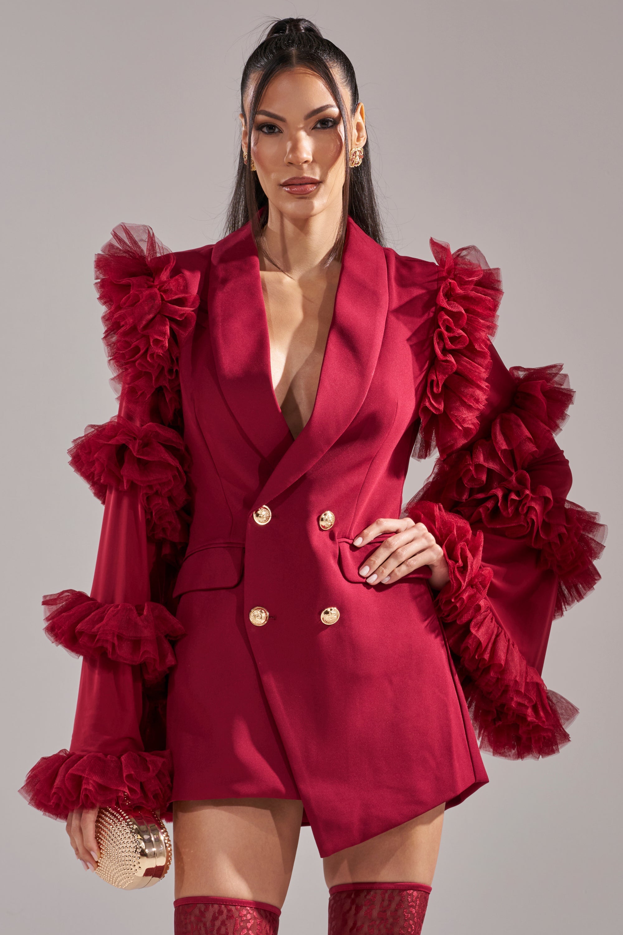 LIVING OVER THE TOP RUFFLE SLEEVE BLAZER MINI DRESS IN BURGUNDY